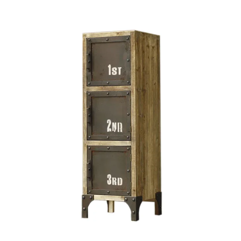 Industrial wind wrought iron door cabinet, retro three-bucket cabinet, Nordic storage bedroom solid wood storage