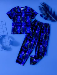 2pcs Kid's Fashion Luminous Pattern Print Pajamas, Comfortable Short Sleeve Top & Short Set, Stylish Pattern Comfy PJ Set, Boys'