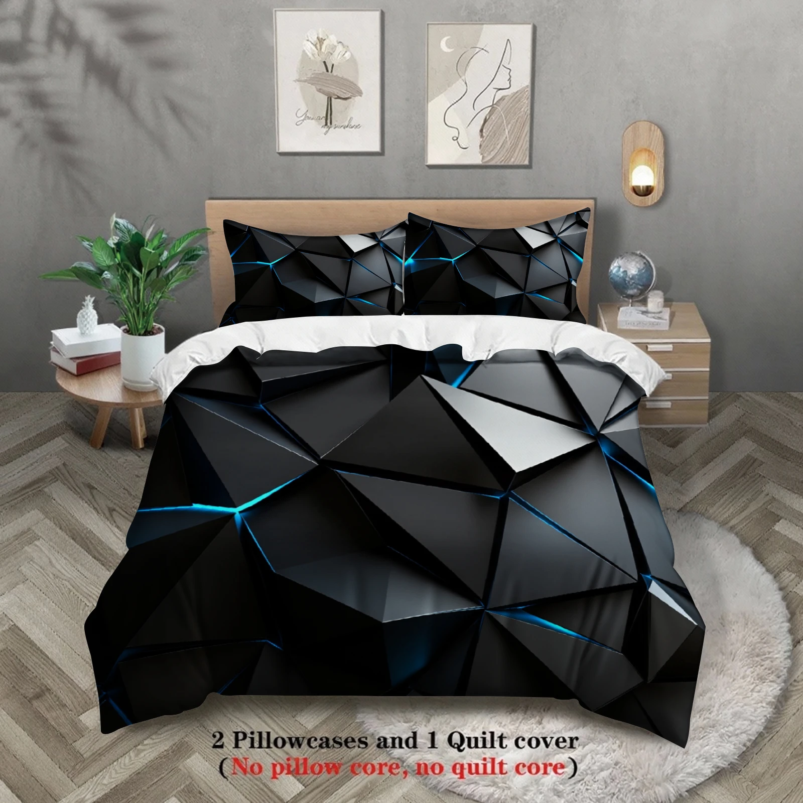 3pcs Geometric Pattern Bedding Sets 3D Printed Black And Blue Duvet Cover Sets With Pillowcases No Filling Cool For Boys Teen