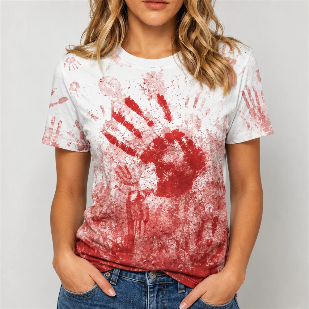 Terrifying Red Handprints Bloodstains T-shirt For Men Women Horror 3D Print Halloween Short Sleeve T Shirts Streetwear Tee Top