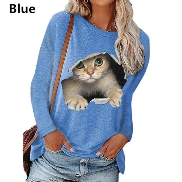 2023 Autumn Winter Womens Clothing Casual Loose T-Shirts Femme Long Sleeve Hoodies Cute Cat Print Pullover Ladies Round Neck Top