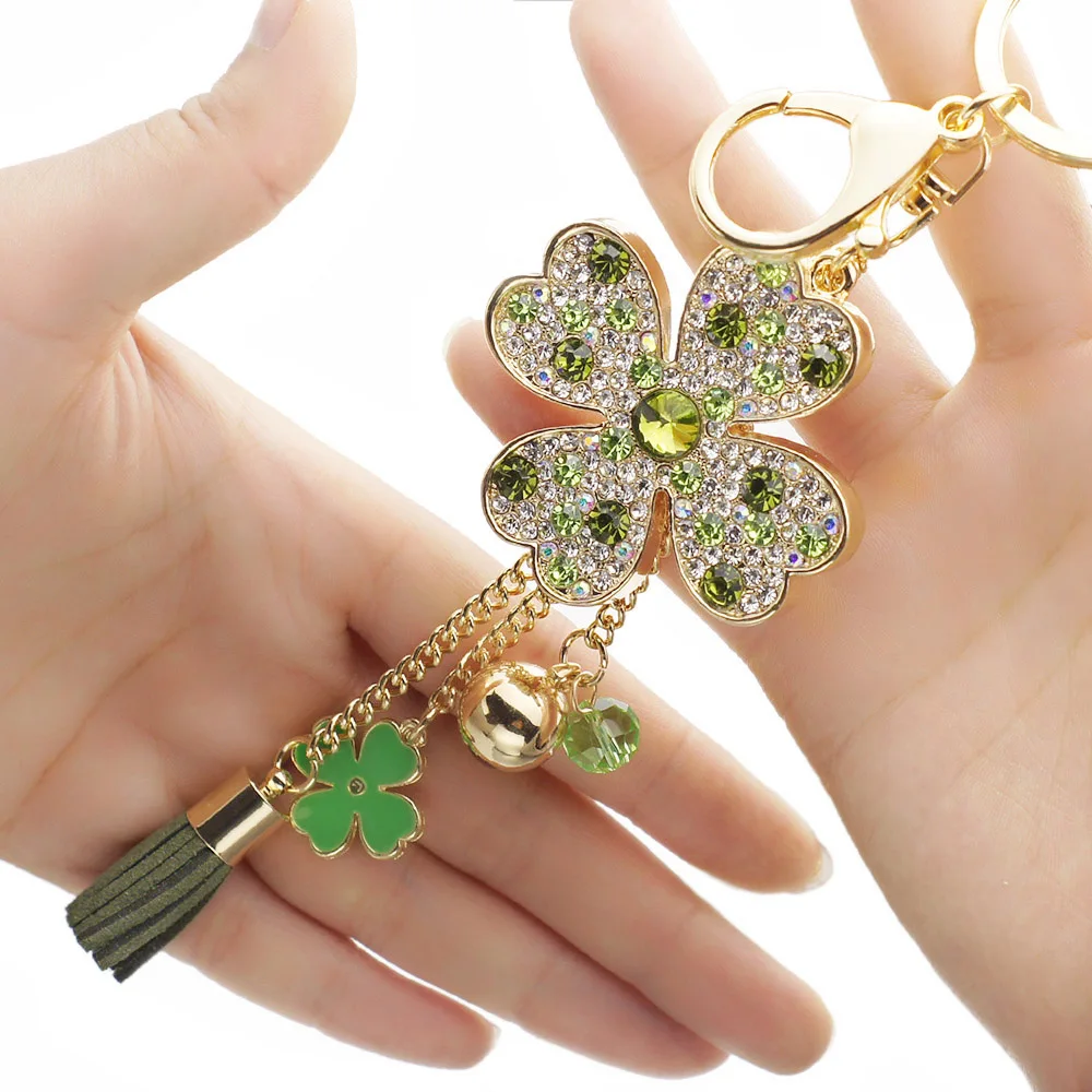 Dalaful Lucky Four Leaves Clover Crystal Key Ring Chains Holder Tassel Bag Buckle Pendant For Car Keyrings KeyChains K304