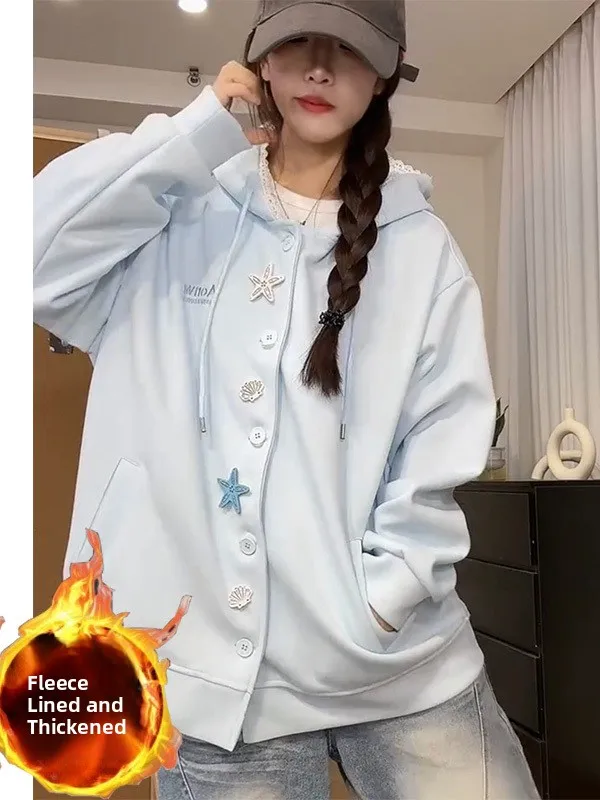 

Adorable Starfish Buttoned Sweatshirt Thickened Fleece Women's Autumn Winter New Style Small Size Warm Top Composite Fabric L...