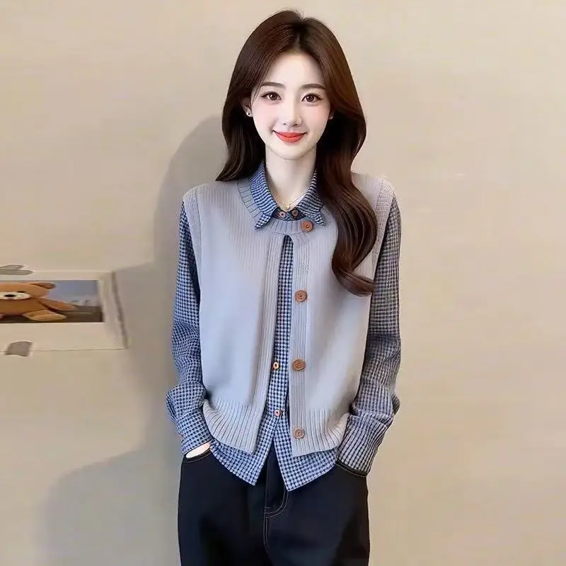 Women Two Piece Outfit Knit Vest Plaid Shirt Korean Campus Style Long Sleeve Autumn Winter Tops