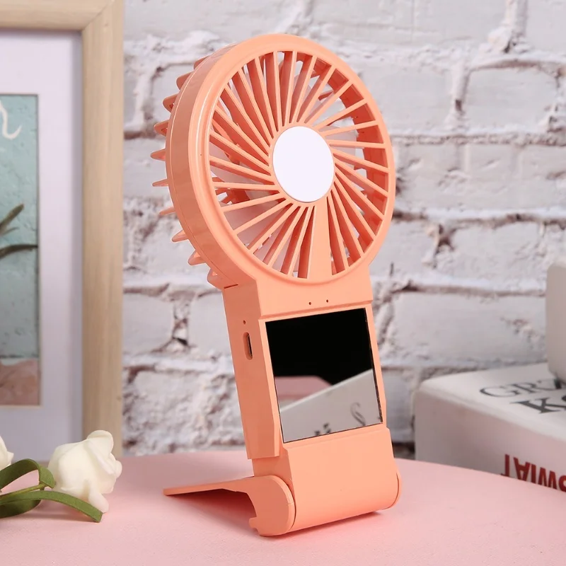 مروحة صغيرة محمولة باليد مع مرآة مكياج خفيفة ملونة وشحن USB برتقالي #1