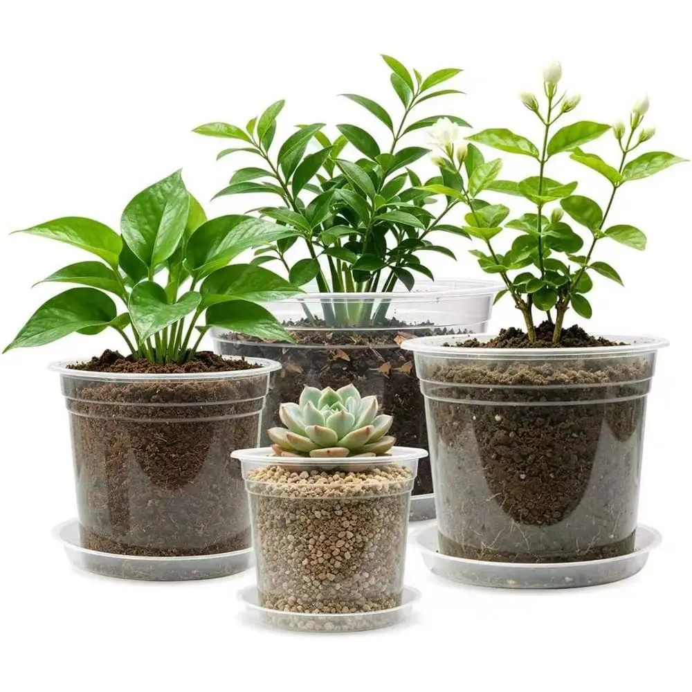 12 Pack 10/8/7/6 Inch Clear Nursery Pots with Drainage and Saucers for Seedlings, Planting, and Growing