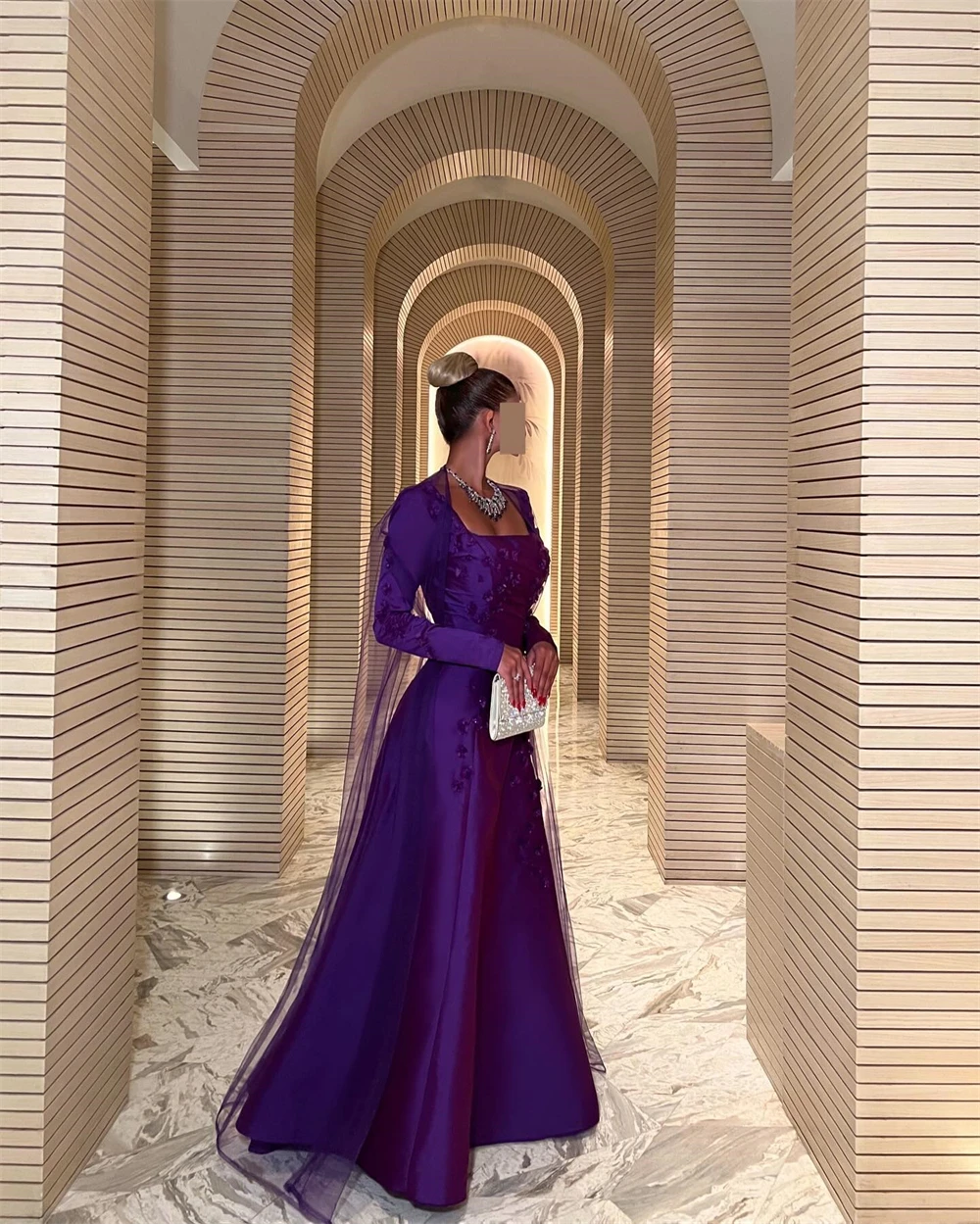 Customized Evening Dress Exquisite Purple Satin Square Collar Off the Shoulder Long Sleeves Appliques Pearls Ruched Prom Gowns