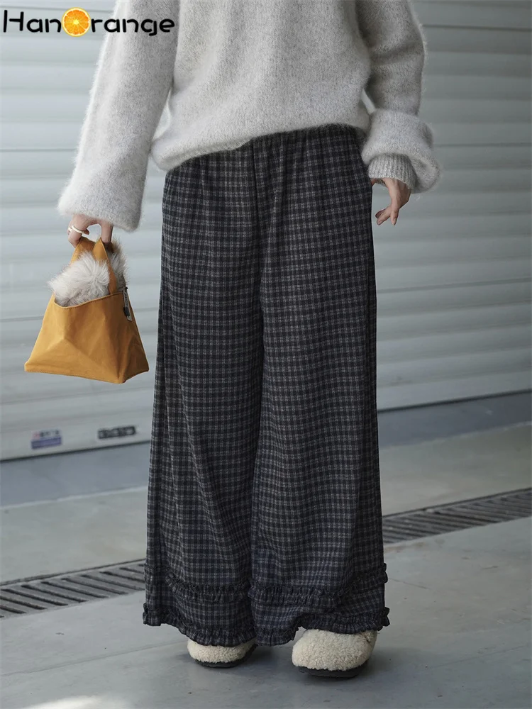 

HanOrange 2025, зимние модные повседневные брюки в стиле ретро в клетку с эластичным поясом и рюшами, женские свободные широкие брюки темно-синего цвета