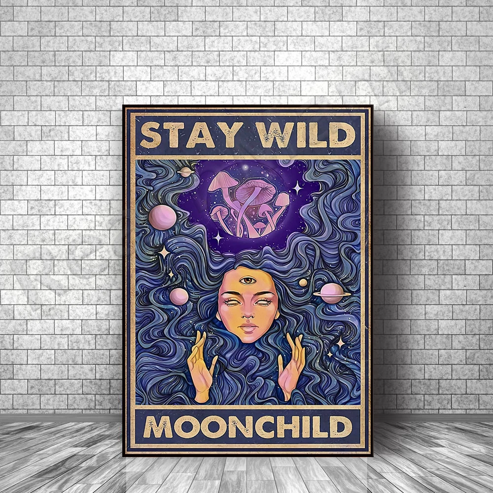 

Stay Wild Moon kids poster, hippie yoga girl poster, hippie gift, boho girl wall art, retro hippie girl yoga home decor