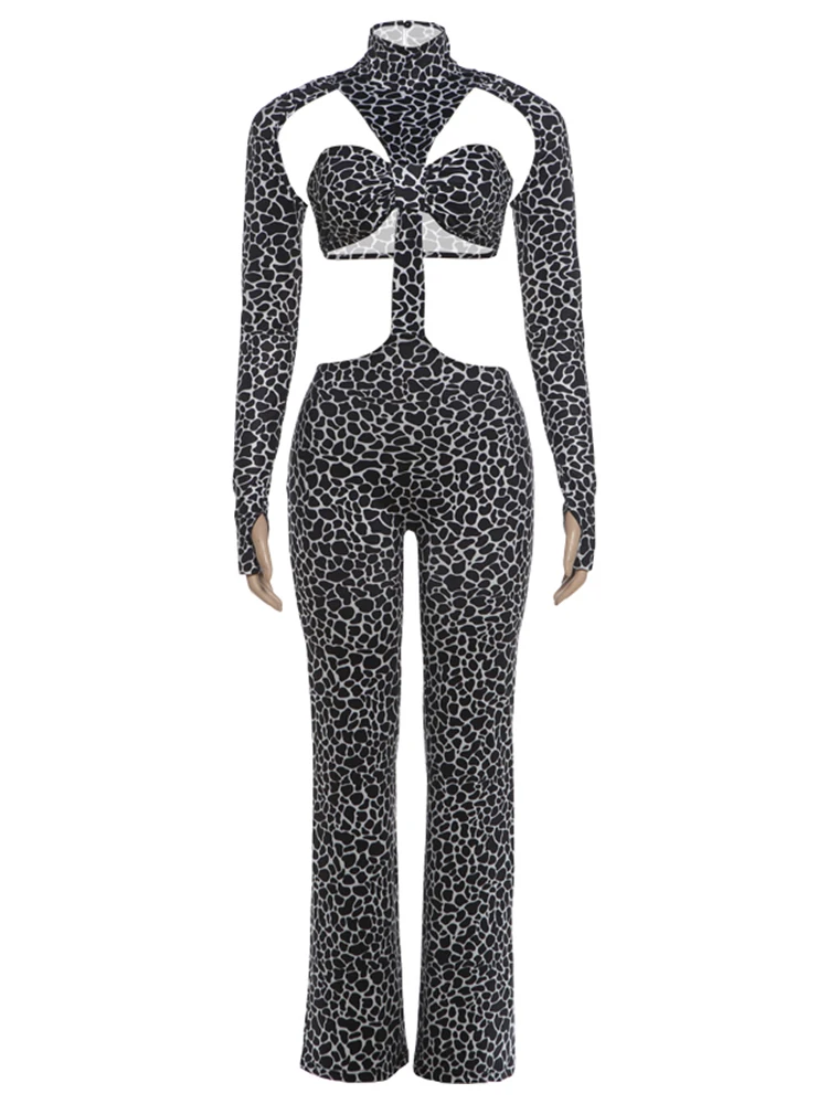 Weird Puss Unregelmäßiger Hohl-Jumpsuit für Damen, Leopardenmuster, Rollkragen, lange Ärmel, rückenfrei, Hot Girls Street Sexy Fashion Overall – Detail 2