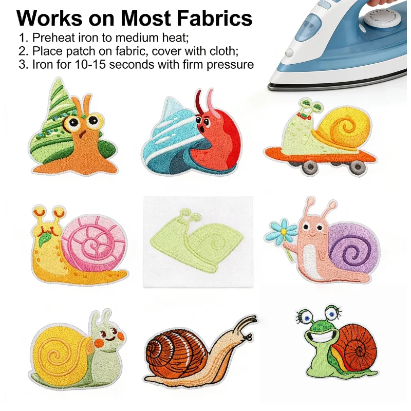 

10/12 шт. оптом: нашивки-ракушки в виде мультяшных улиток для декора детской одежды, термотрансферные аппликации для рукоделия и шитья