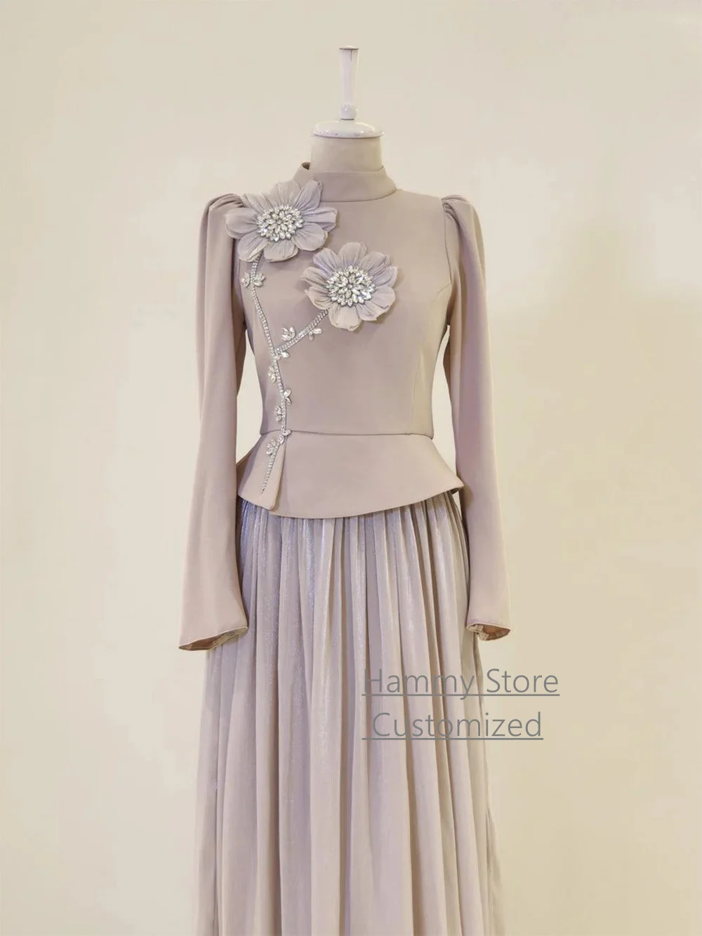 Vestido de noite de duas peças personalizado, gola alta, mangas compridas, miçangas, flores, arábia saudita, vestido de baile