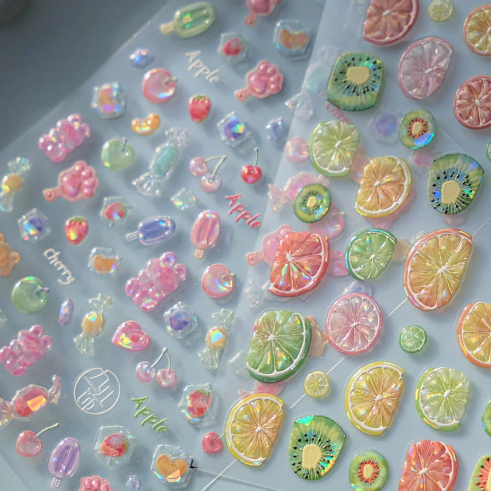 Frucht Erdbeere Apfel Kirsche Bunte Süßigkeiten Niedliche Hasenpfote Eis am Stiel Gelee 5D Nagelkunst Aufkleber Selbstklebende Maniküre Dekoration DIY