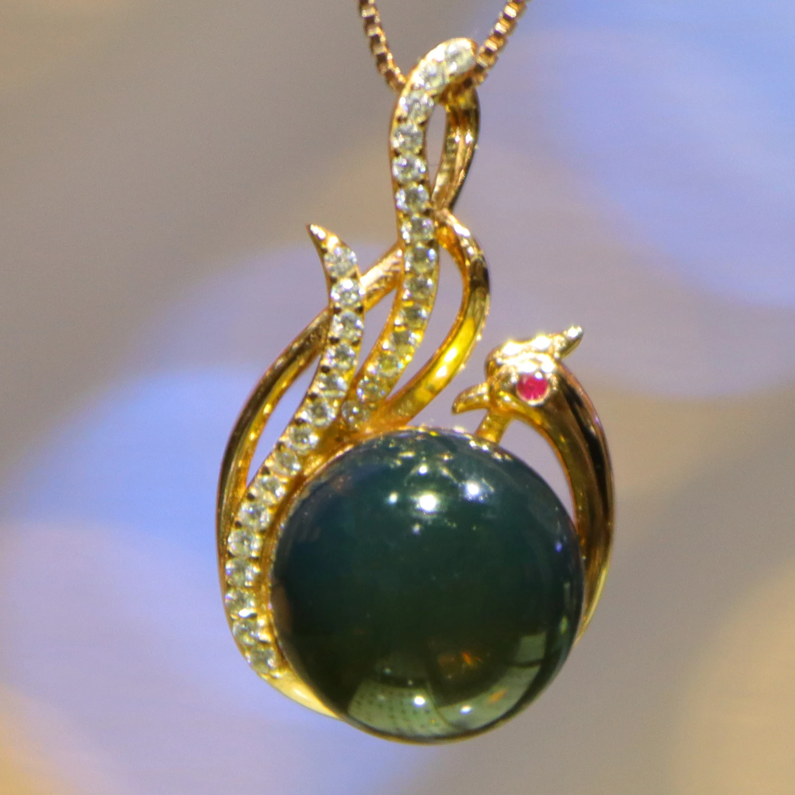 Natural Mexican Blue Amber Pendant 925 Sterling Silver Peacock Shape 12mm Round Bead Necklace Jewelry Gift