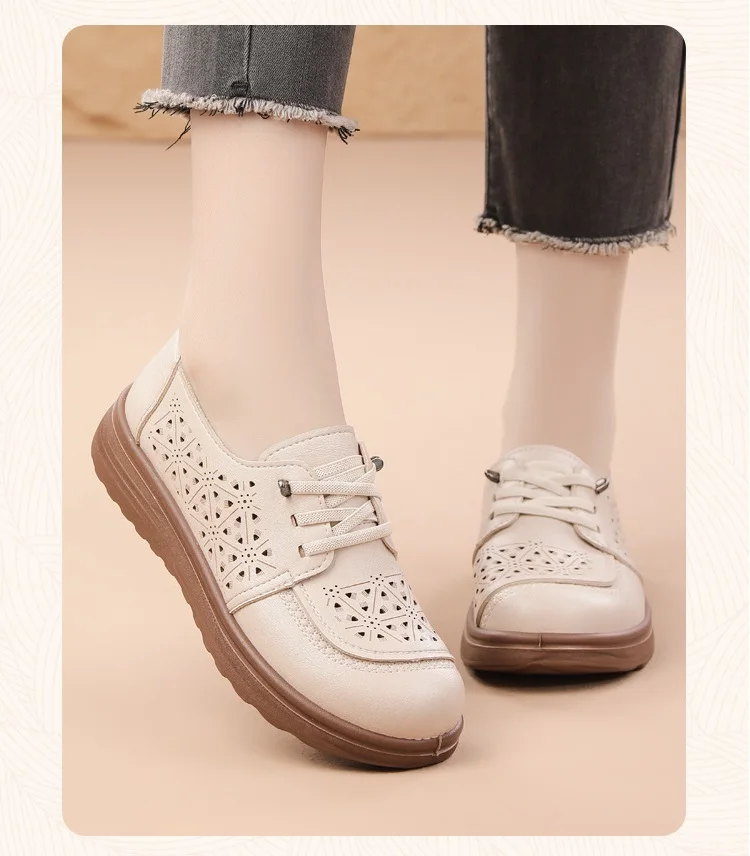 Neue hohle, atmungsaktive Schnürschuhe mit Schnürung für Damen, Oxfords aus Kunstleder, Slip-On-Flats für den täglichen Gebrauch, Mokassins – Detail 4