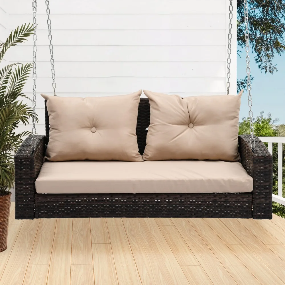 

Hanging Porch Swing Chair Wicker Brown Rattan Patio Lounge Back Cushion
