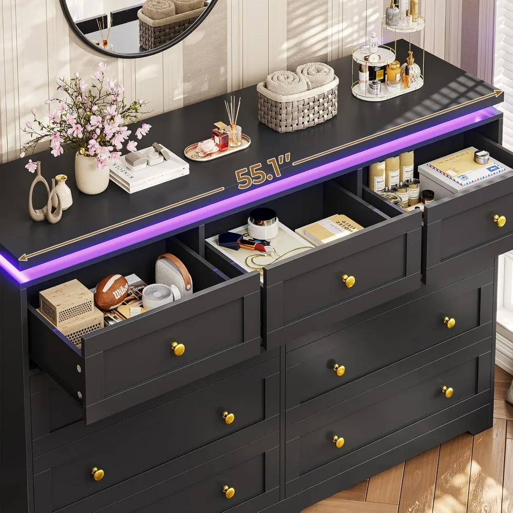 خزانة ملابس سوداء مكونة من 9 أدراج لغرفة النوم مع أضواء LED، وخزائن خشبية كبيرة لغرفة النوم، وخزانة ذات 9 أدراج حديثة، وخزانة طويلة لـ Cl #4