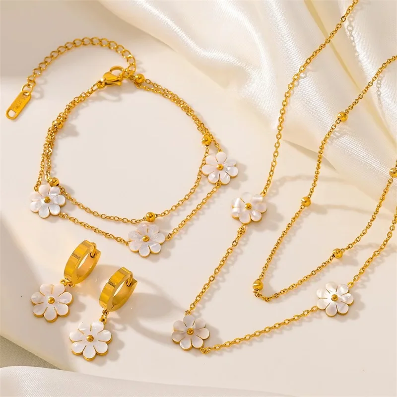 EILIECK 316L Stainless Steel Heart Flower Zircon Necklace Bracelet Earrings Set For Women Trendy Waterproof Jewelry Holiday Gift