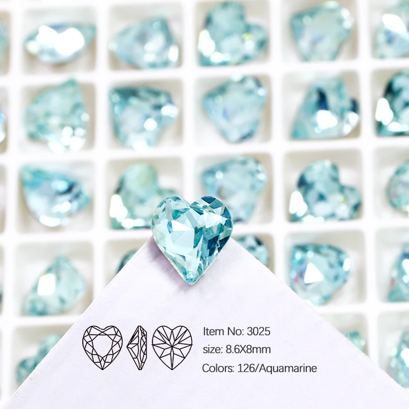 Heart Shape 8.8x8mm Aquamarine Crystal  Fancy Stone Pointed Back Rhinestones K9 Glass Loose Diamond For Jewelry Making