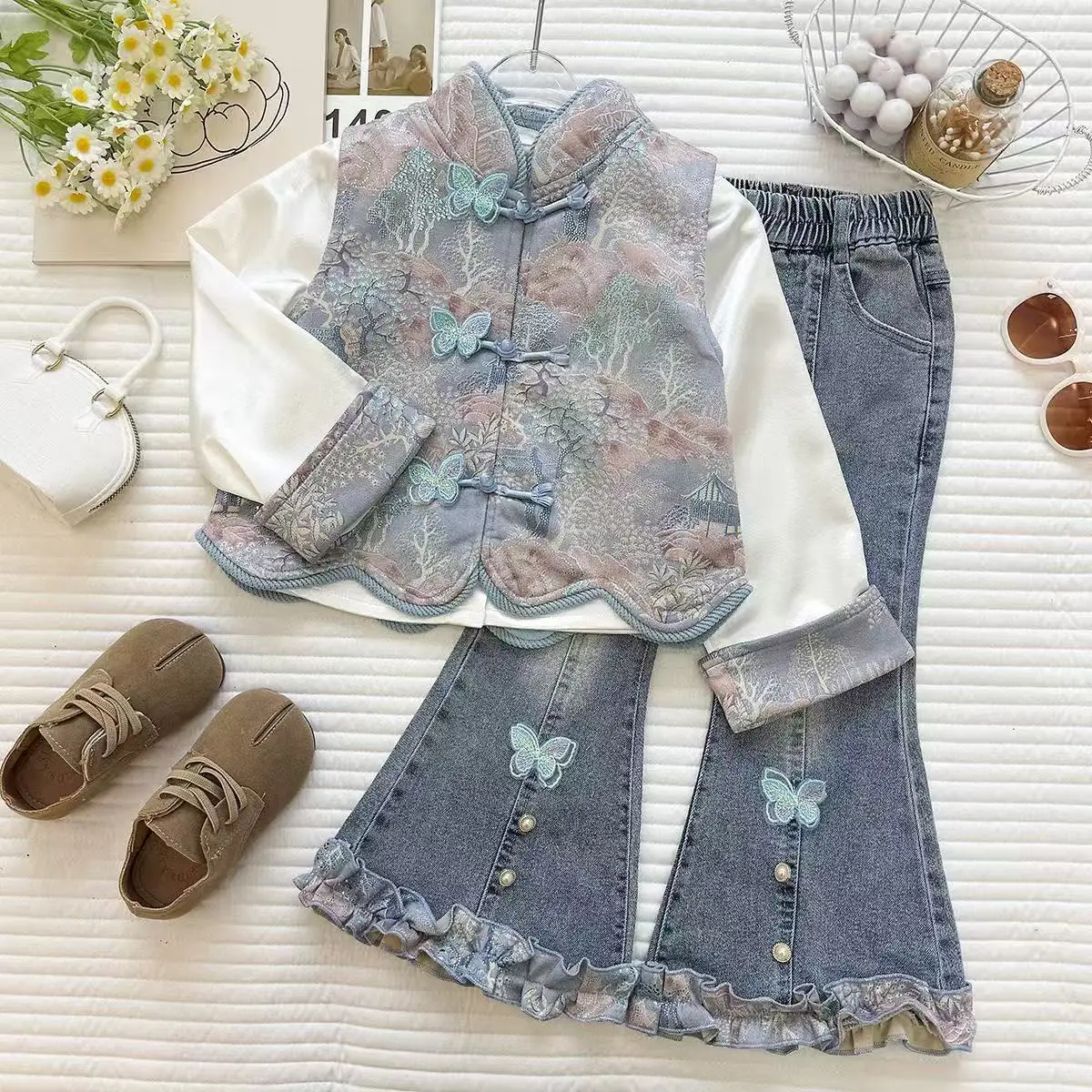 Spring Autumn Girls 3Pcs Outfit New Chinese Style Long Sleeve Undershirt Jacquard Vest & Jeans Set for 90-150cm
