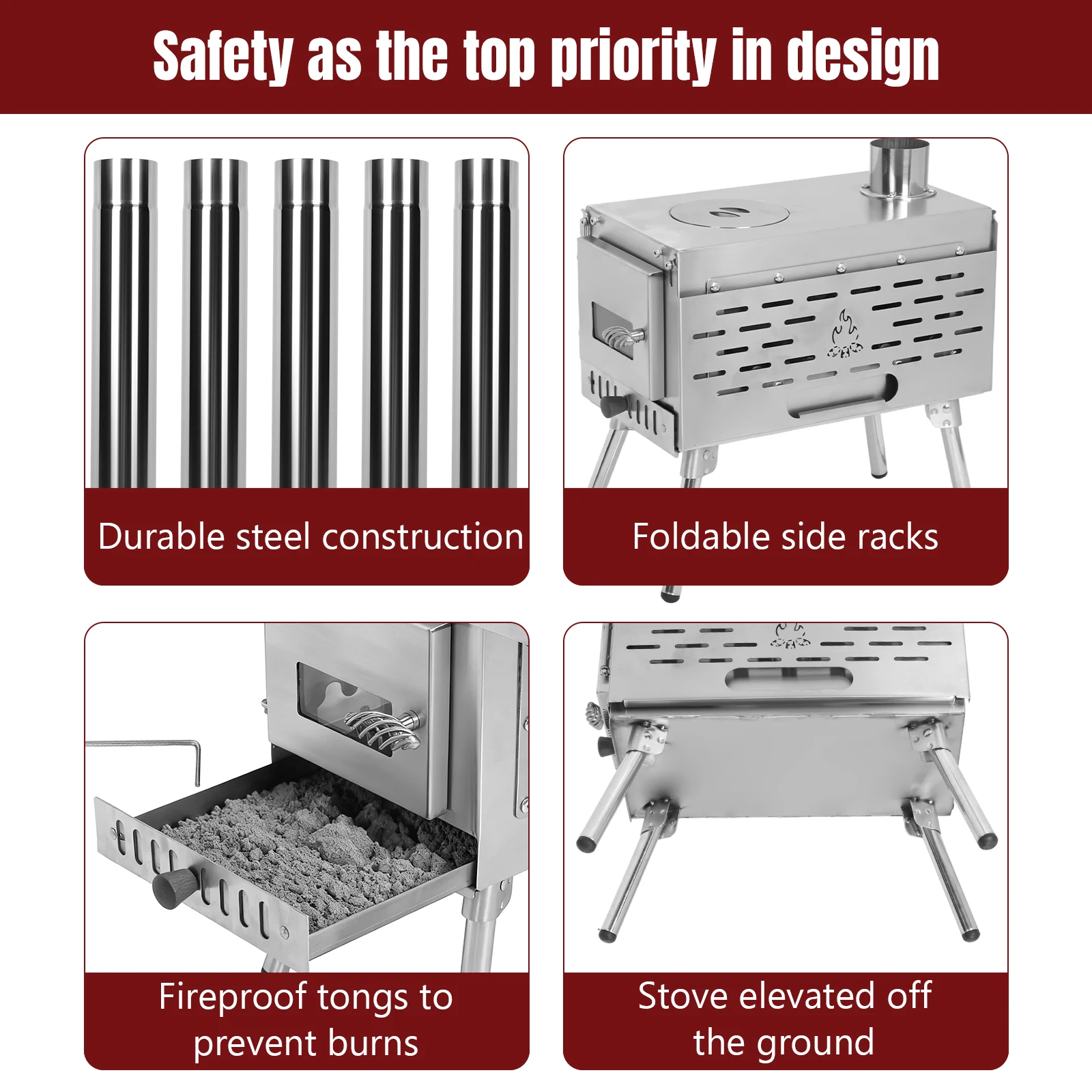 موقد حرق الخشب المحمول من الفولاذ المقاوم للصدأ، موقد خيمة ساخن مع أنبوب مدخنة، موقد بيليه للطهي في الهواء الطلق والمشي لمسافات طويلة