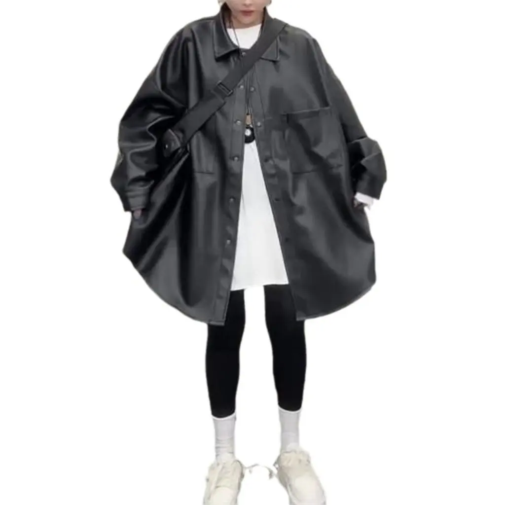 Women's Trendy High-End Casual Leather Shirt Jacket Black Loose Fit Korean Style Autumn New Fashion Easy to Match