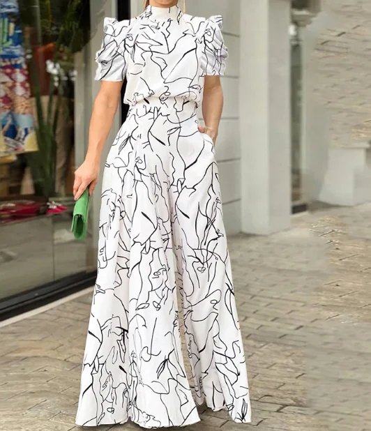 Elegant Loose Women's Romper Street Style High Waist Wide Leg Pants Floral Print Top And Bottoms Suit Casual Fashionable Outfit