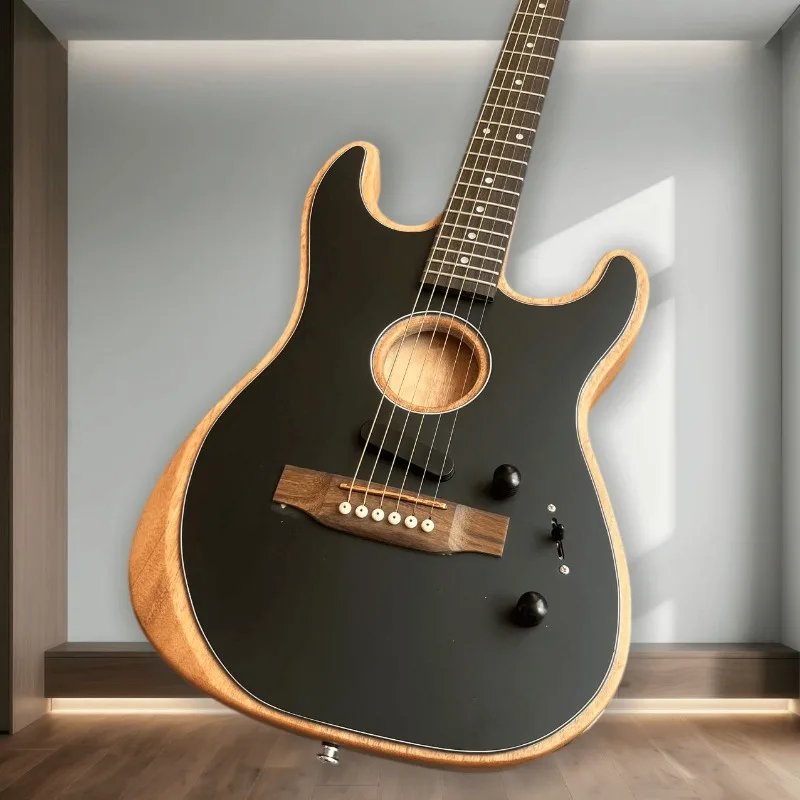Hot Sales 6 String STQ Acoustic Electric Hybrid Guitar Black Matte Top Natural Wood Rim Solid Body Guitar Beginner Unisex