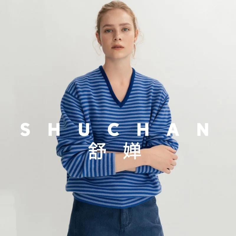 

Полосатый свитер женский, осень-зима 2021, корейский свободный вязаный свитер с v-образным вырезом на плечах, пуловер