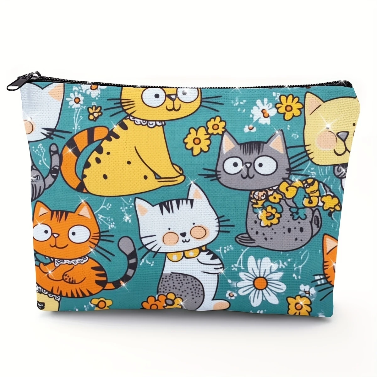 1PC Casual Polyester Makeup Pouch with Zipper Closure - Foldable, Hand Washable, Kitty-Themed Cosmetic Organizer