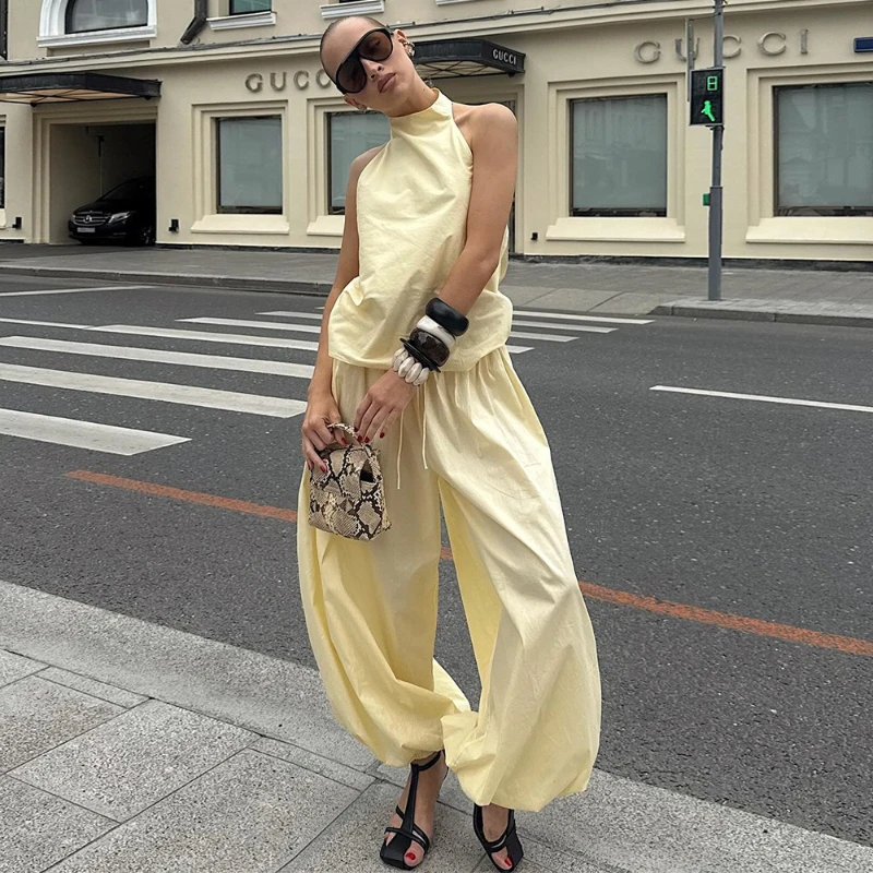 

2026 Spring New Neck Hanging Solid Color Backless Top and Loose Hanging Lantern Pants Two Piece Set