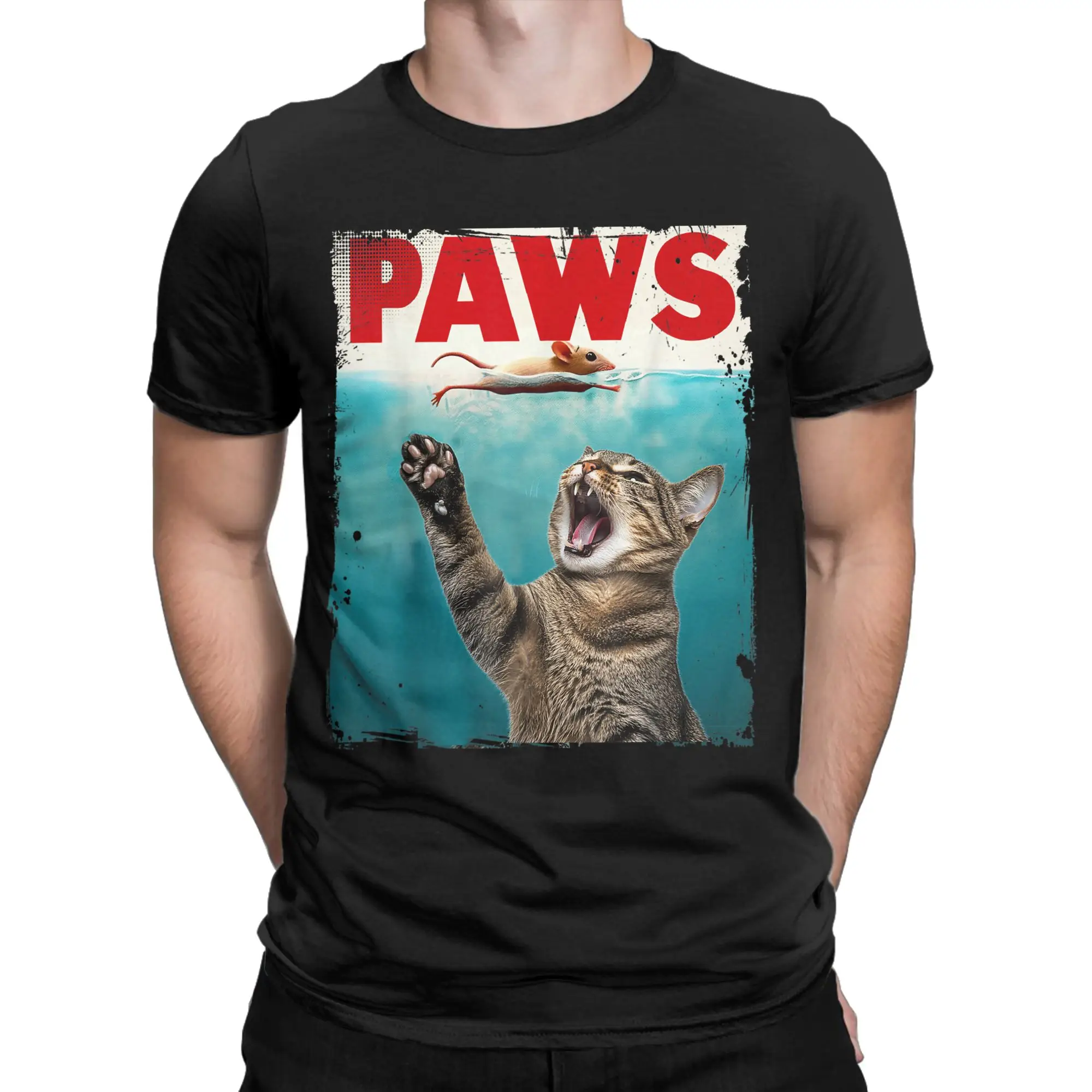 

Paws Cat and Mouse T Shirts for Men Cotton Leisure T-Shirts Round Collar Cute Funny Cat Lover Parody Tees Short Sleeve Clothing