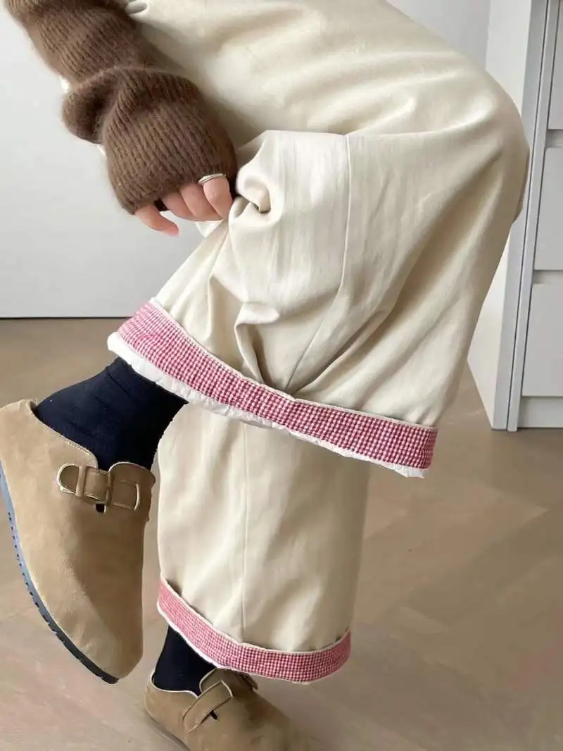 جديد 2025 الشتاء رشاقته السراويل المستقيمة ، المرأة مرونة الخصر منقوشة المرقعة ، موري فتاة الحد من العمر بناطيل كاجوال B5D228CC