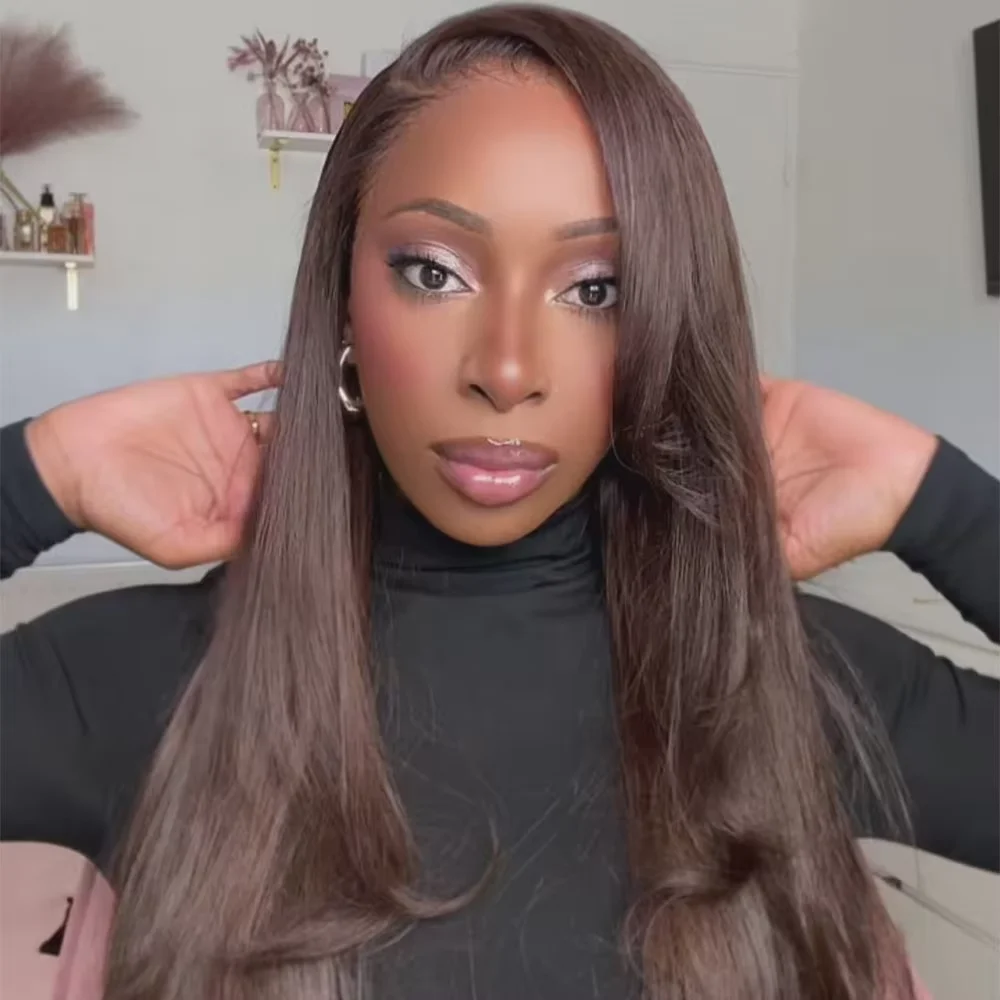 220% Density Chocolate Brown Bone Straight Wig 13x6 Frontal 13x4 HD Transparent Lace Remy Human Hair Pre Plucked Bleached Knots