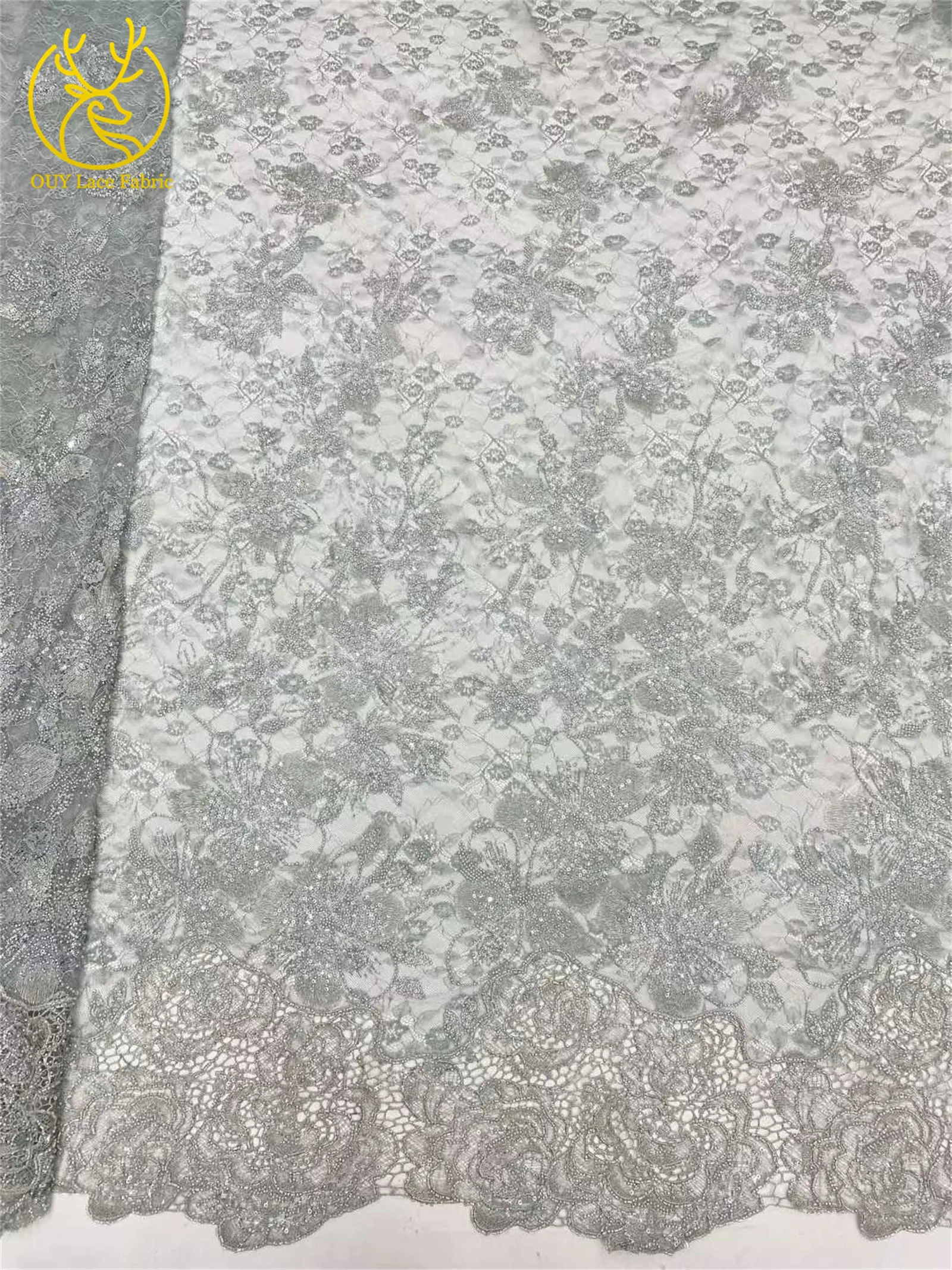 Afrikanischer nigerianischer Brautkleidstoff mit Perlen und Spitze 2026 – Hochwertige Pailletten-Stickerei auf französischem Tüllnetz für Hochzeitskleider zum Nähen, 5Y – Detail 19