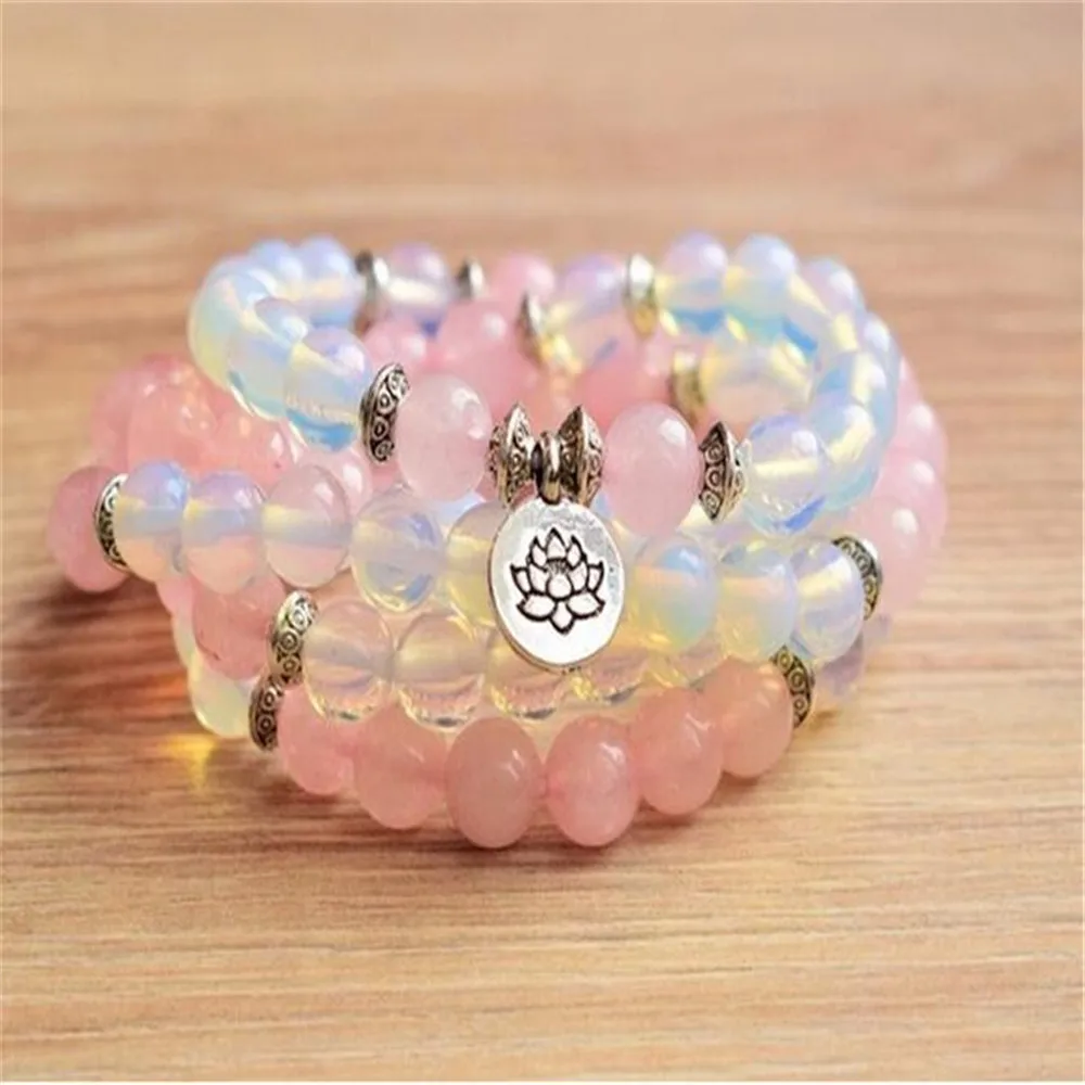 

8mm Pink Crystal Opal with Lotus Pendant 108 Bead Mala Bracelet Stones Trendy Bohemian Jewelry Party Men's Yoga