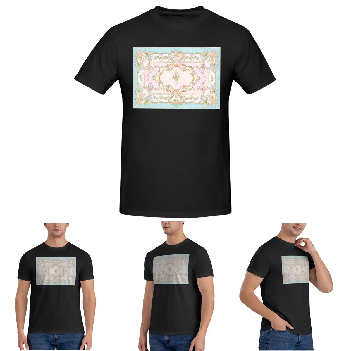 

French Rococo Floral Watercolor Panel T-Shirt for Men Cotton Oversized T Shirts Men's Short Sleeve O-Neck Summer Clothes Tops