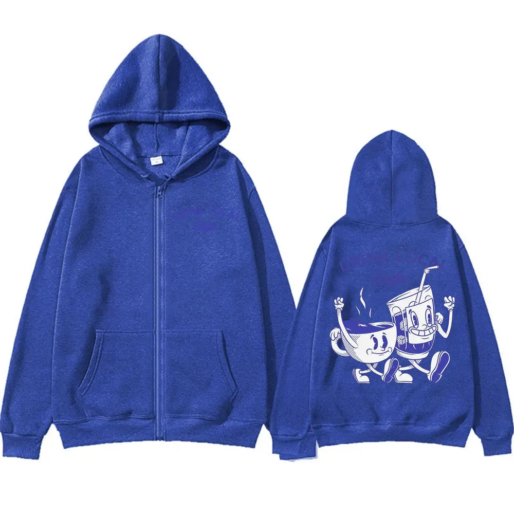 شرب القهوة المحلية مضحك ميمي الجرافيك سستة هوديس الرجال النساء خمر طويلة الأكمام زمم بلوزات الراحة فضفاضة مقنعين معاطف #3