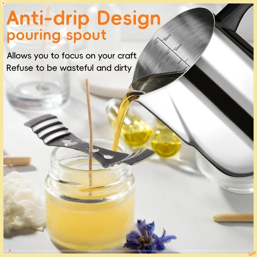 Ausgießtopf für die Kerzenherstellung, 32-Unzen-Wachsschmelztopf aus Edelstahl mit hitzebeständigem Griff, Krug zur Herstellung von Kerzen mit Doppelkessel