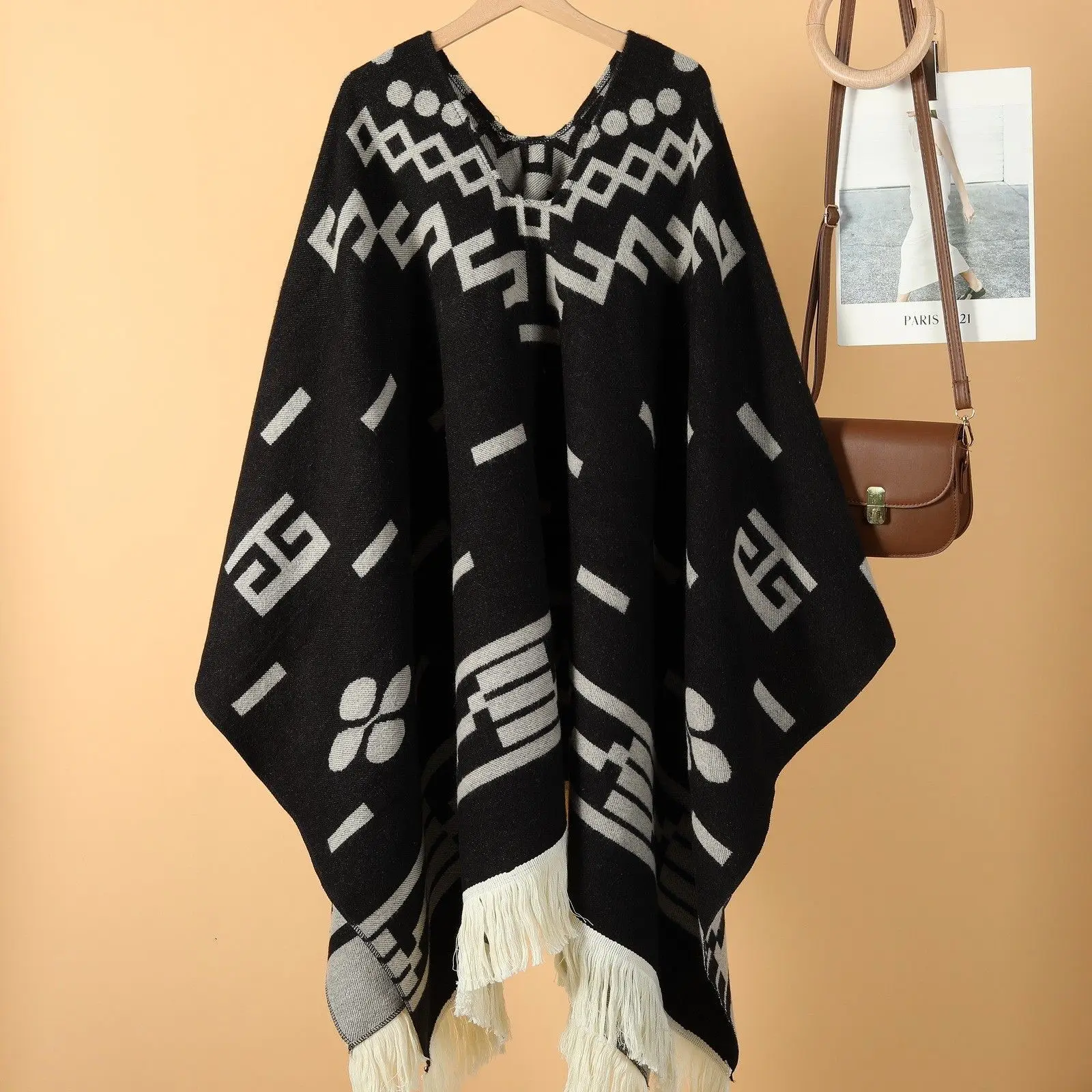 

Warm Faux Cashmere Shawl for Men And Women with Tassel Overhead Design Travel Photography Props Outdoor Large Cloak