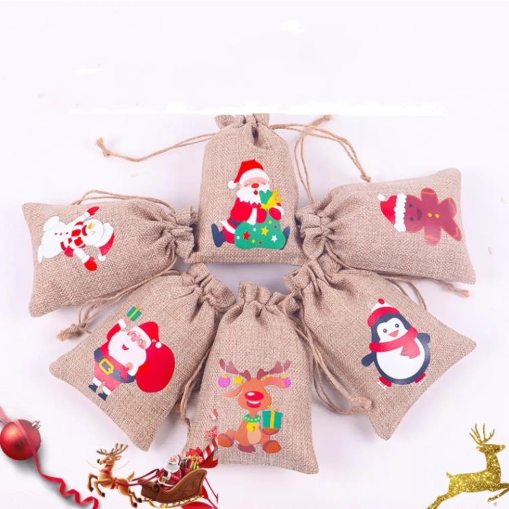 

Christmas Burlap Linen Drawstring Bag Santa Claus Snowman Candy Gift Jewelry Packaging Present Bags Xmas Favors Decoration