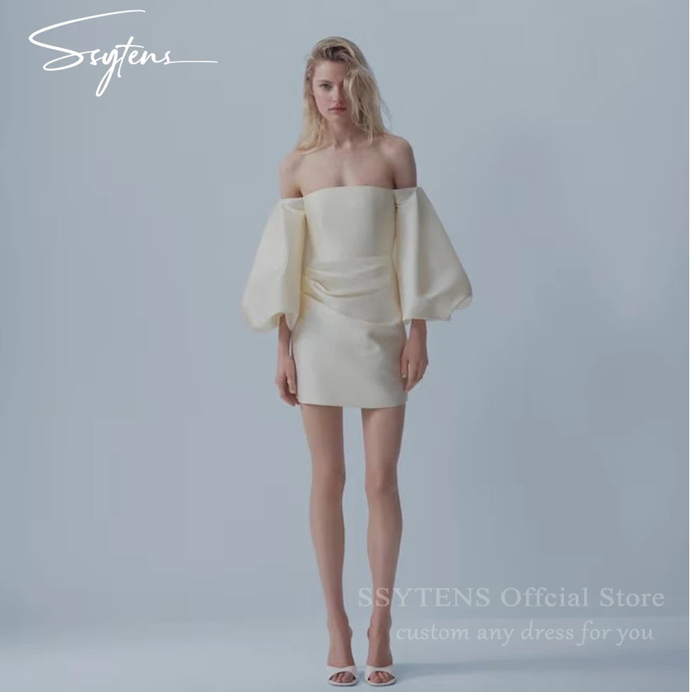 

SSYTENS сексуальные короткие свадебные платья цвета слоновой кости с открытыми плечами, шелковые женские вечерние платья с длинными рукавами, вечерние вечерние платья по индивидуальному заказу