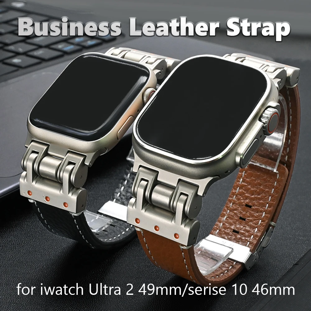 

Business Leather Strap For Apple Watch Ultra 2 49mm 10 46mm Luxury Mens Band For iWatch Serise 9 8 7 6 5 4 SE 45mm 44mm Bracelet