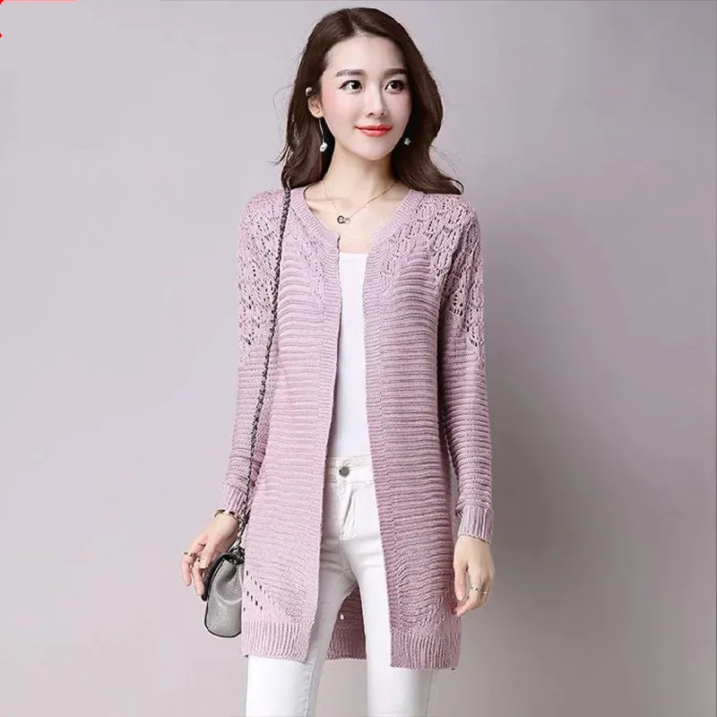 Women Knitted Hollow Out Long Sleeve Cardigan Sweater Autumn Ladies Tops Casual Crochet Cardigans Knitwear Female Clothes G2717