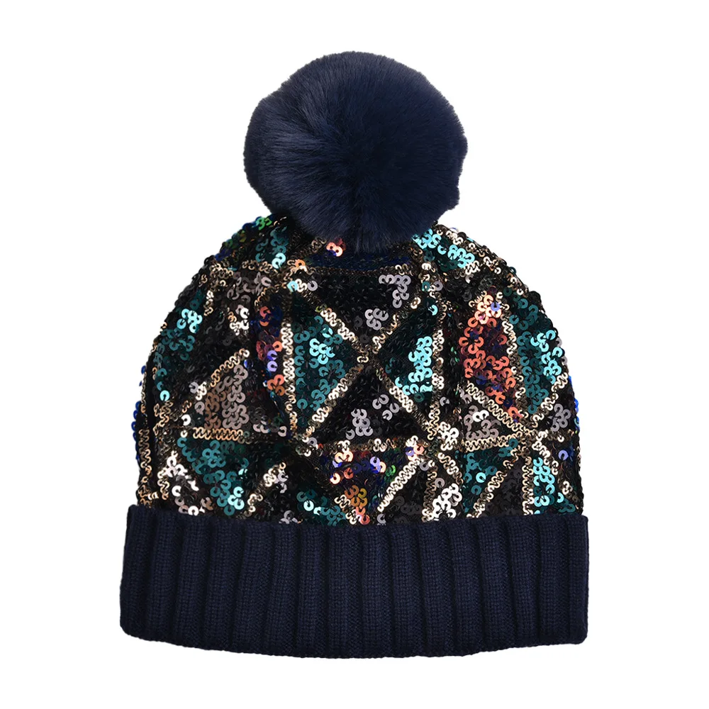 Shiny Sequins Knitted Beanies Hat for Women Girls Autumn Winter Thickened Warm Skullies Hat with Pom Pom Ear Protection Caps