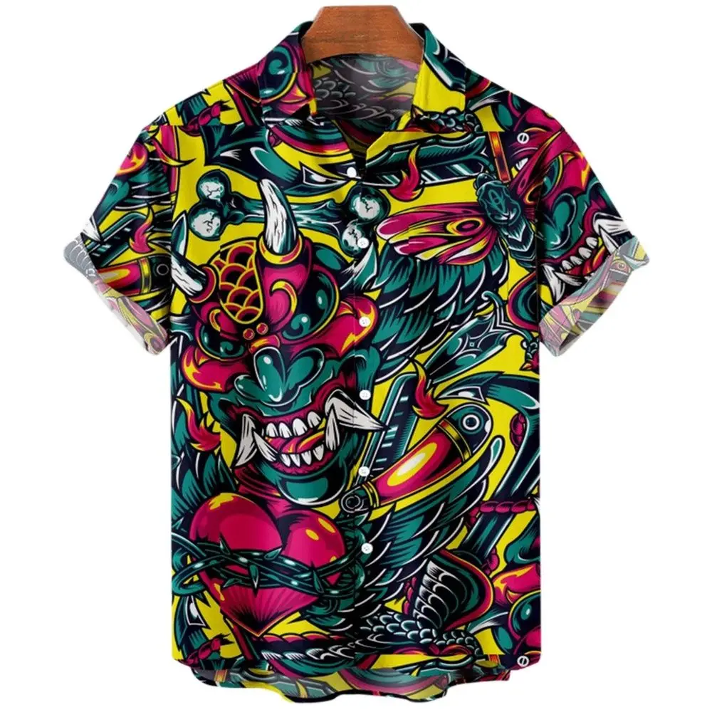 Vintage Men\'s Shirts Demon Horror Skull Shirt Tops 3D Printed V-Neck Oversized Casual Designer Y2k Clothes Male Punk Streetwear