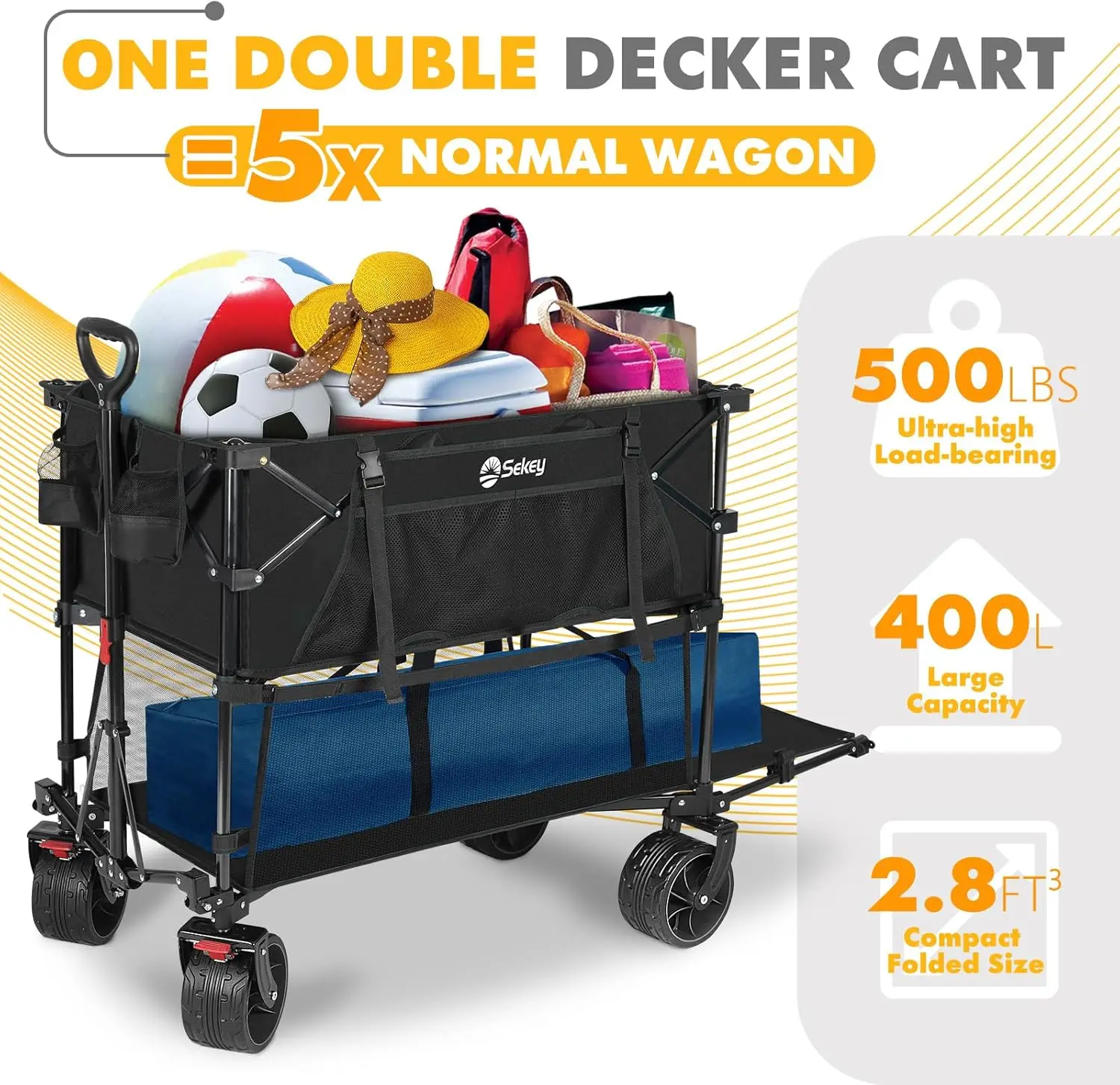 400L Double Decker Beach Wagon 50''L Extra-Long Extended Shelf, Collapsible Wagon Cart with 500lbs Capacity