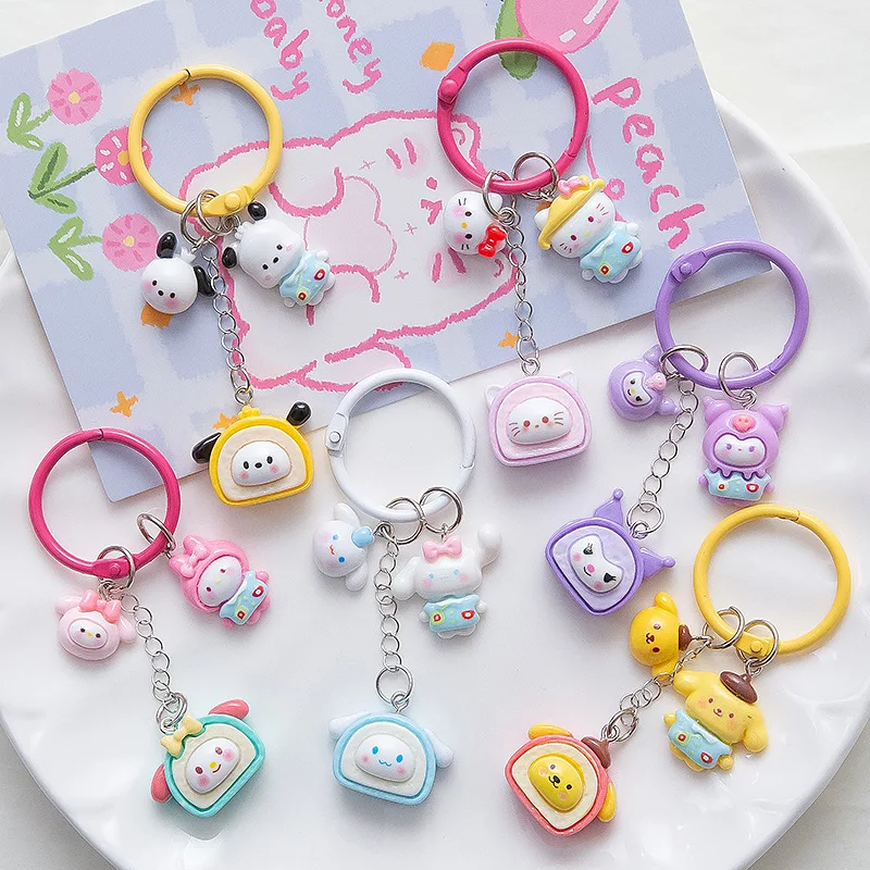 

6pcs/set Anime Kuromi Keychain Melody Key Ring Backpack Pendant Accessories Hello Kitty Kawaii Cinnamoroll Card Birthday Gifts