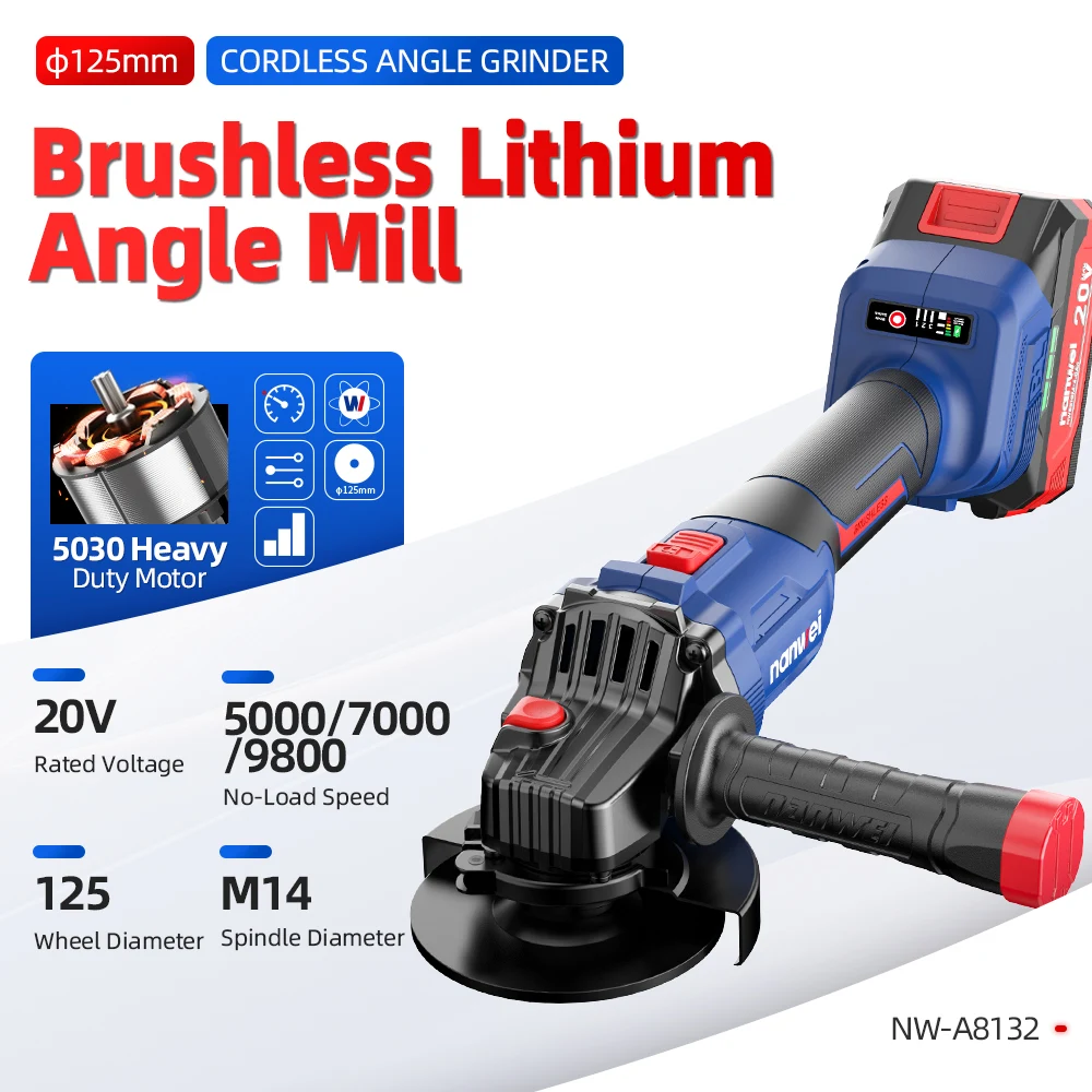 NANWEI 20V Brushless Angle Grinder 125MM Cordless Li-Ion Metal Cutting Tool