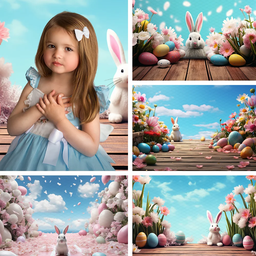 Spring Easter Photography Backdrop Wooden Floor Easter Egg Cute Bunny Sky-blue Flowers Birthday Portrait Background Photo Studio